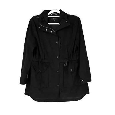 J Crew Jacket Womens Small Black Hooded Raincoat Windbreaker Bungee Waist • $25