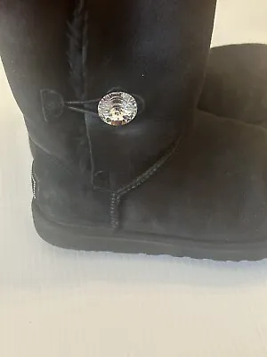 UGG Boots Womens 8 Bailey Button Bling Shearing Black Suede Mid Calf Fur 3349 • $29