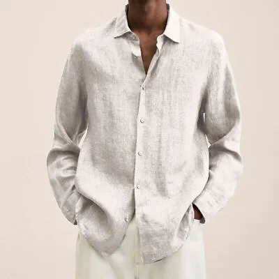 Mens Long Sleeve Cotton Linen Dress Shirt Casual Solid Button-up Baggy Tops UK • £11.59