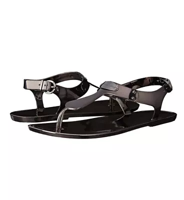 Women Michael Kors MK Plate Jelly Flat Buckle Up Sandals PVC Gunmetal-Dark Gray • $49.99