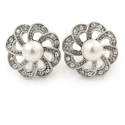 Clear Crystal White Pearl Flower Stud Earrings In Silver Tone - 20mm D • £8.99