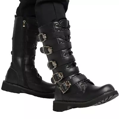 Men Leather Motorcycle Boots Calf Military Outdoor Boots Gothic Belt Punk Boot • $40.69