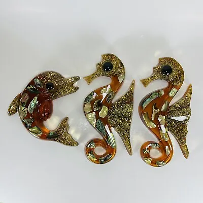 Vintage Acrylic Lucite Seahorse Pair And Dolphin Abalone Wall Hanging Decor • $60