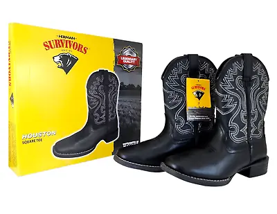 Herman Survivors Men's Leather Western Boots Houston Square Toe Pull On Black • $68