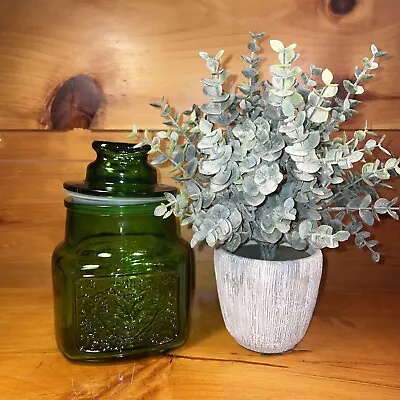 Vintage Wheaton NJ Green Glass Apothecary Lidded Jar Canister Fish & Dove Heart • $18.50