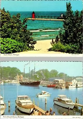 2~4X6 Postcards  South Haven MI Michigan  BEACH~LIGHT HOUSE & PORT~Marina/Boats • $10.14