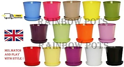 Flower Pots Gloss  Plastic Plant Modern Planter + Saucer - 16 Colours - 4 Size  • £5.99