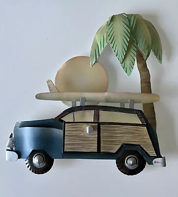 Blue Woody Beach Wagon W/Surfboard Sun Palm Tree Metal Beach Wall Art Decor • $15.99