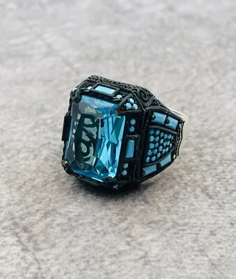 Men's Light Blue Aquamarine Stone 925 Sterling Silver Ring Black Design Handmade • $72