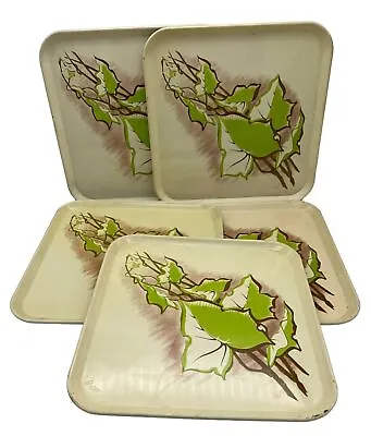 Set Of 5 Vintage Metal Trays White Green & White Leaves 10.75  Square • $18