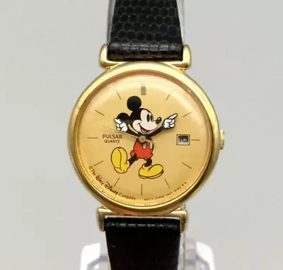 Vintage  Pulsar Watch Women Mickey Mouse 27mm Gold Tone Date New Battery • $35.99