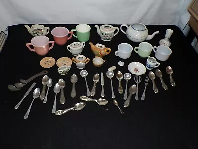 Lot Of Vintage Children's Pretend Play Tea Set Cups Flatware & More (C285) • $19.99