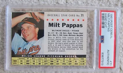 1961 Post Cereal HC Milt Pappas Baseball PSA A • $10