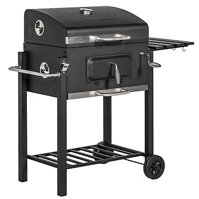 Outsunny Charcoal Grill BBQ Trolley Wheels Shelf Side Thermometer Steel Black • £132.99