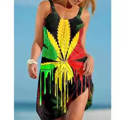 Jamaican Rasta Weed Leaf Print Summer Dress...Size XXXXL.....-16-18 • £24.99