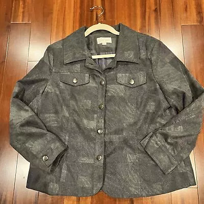 Erin London Stone Gray Jacket Buttoned Front Pockets Shoulder Pads Blazer Size L • $40