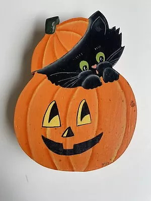 Vintage Cookie Candy Jar Wooden Lid Hand Painted Halloween Cat Pumpkin READ • $8.50