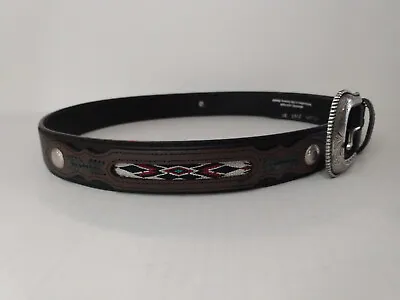 Wrangler Genuine Leather Belt Men 42 Concho Inlay Black Southwestern Handcrafted • $37.99