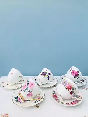 Beautiful Set Of 5 Vintage Mismatched Floral China Cups & Saucers 💐 • £15.95