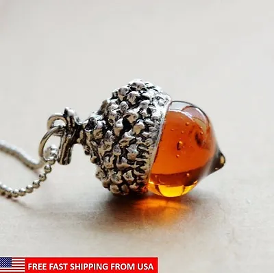 $9.49 • Buy Glaze Glass Acorn Necklace Pendant Antique Silver With Long Chain - Ships Fast! 