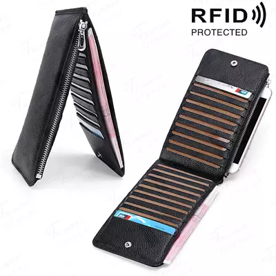 $22.99 • Buy Genuine Leather Credit Card Wallet Men RFID Blocking Holder Zipper Bifold Purse