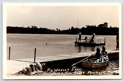 Montague MI~Jack Fishes @ Dock While Two Jills Ride In Rowboat~Ranch~1950s RPPC • $20