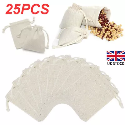 25x Natural Linen Burlap Jute Drawstring Bags Xmas Gift Pouch Wedding Favor Sack • £4.27