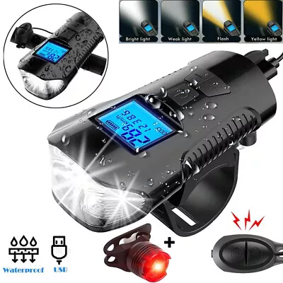 $15.95 • Buy USB Rechargeable LED Cycle Bike Headlight + Rear Light Horn Speedometer Odometer