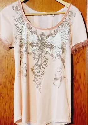 Miss Me Womens Shirt Top Size LARGE Peach Crystal Rhinestone Cross Lace Up Back • $17.77