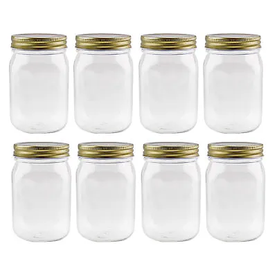 16oz Clear Plastic Mason Jars (8pk Gold Metal Lids); BPA-Free Pint Size • $14.99