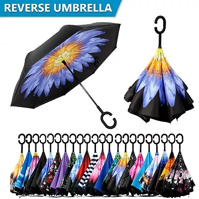 Windproof Upside Down Reverse Umbrella Double Layer Inside-Out Inverted C-Handle • $21.99