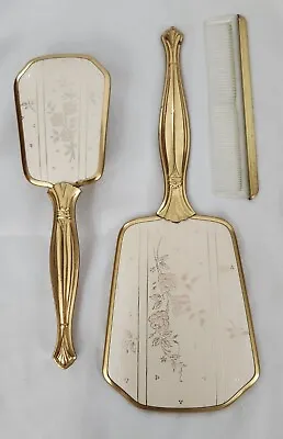 Vintage 1950s Vanity Set Gold Toned Floral Mirror Brush Comb  • $30