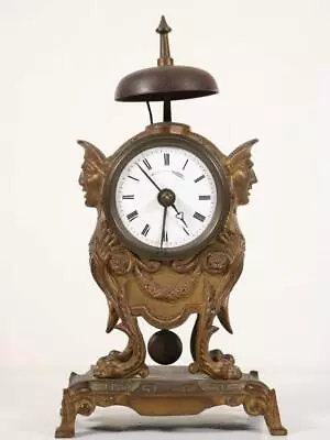 RARE ANTIQUE FRENCH ALARM MANTEL CLOCK Elaborate Gilt Metal Case With Jolly Mask • $70.94