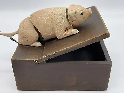 Vintage UNIQUE Wood Keepsake Trinket Box With Metal Mechanical Pig Lid! • $175