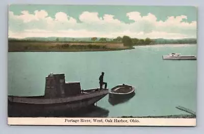 Boat Man On Portage River OAK HARBOR Ohio Antique  Ottawa County Postcard 1914 • $12.99