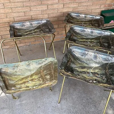 Set Of 5 Vintage MCM TV Trays W/ Storage Cart W/ Casters Mountain Country Church • $250