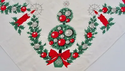 Vintage 1950's Christams Topiary Tree & Candle Garland Cotton Tablecloth 52  Sq. • $65