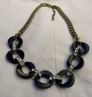 J Crew Chunky Plastic Chain Link Statement Necklace Black With Metal Rhinestones • $17