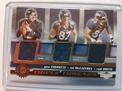 2001 Pacific Denver Bronco Gus Frerotte Ed McCaffrey Rod Smith Jersey Card • $9.95