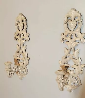 Set Of 2 Ivory Plastic Ornate Wall Sconces Candle Holders 16 1/2  • £28.95