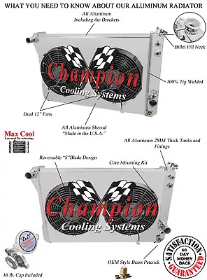 4 Row RS Champion Radiator W/ 2 12  Fans And Shroud For 1982 - 1992 Trans Am • $513.19
