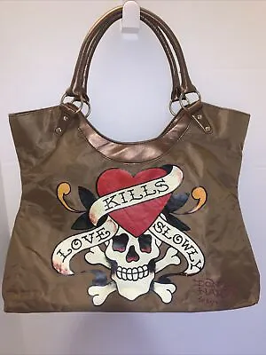 Don Ed Hardy Oversized Brown  Love Kills Slowly  Shoulder Bag Tote Purse 17  • $18