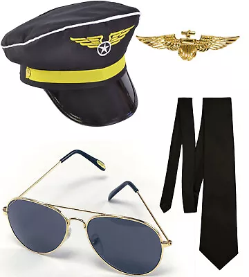 £9.99 • Buy Deluxe Adult Airline Captain Set Aviator Aviation Costume Accessory Pilot Unisex