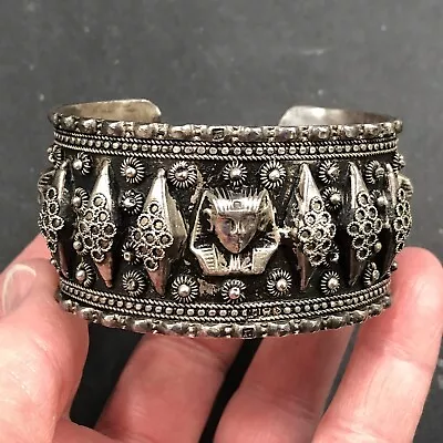 Vtg Sterling Silver Egyptian Revival Pharaoh Cuff Bracelet 57.4 Grams 1.25” Wide • $58.97