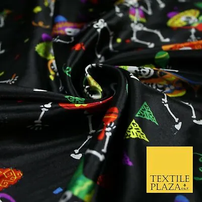 £1.50 • Buy Black Dancing Skeleton Mexican Halloween Printed Satin Dress Fabric 58  6499