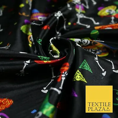 Black Dancing Skeleton Mexican Halloween Printed Satin Dress Fabric 58  6499 • £5.99