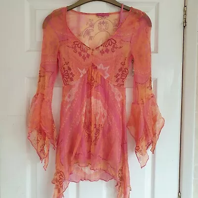 ZANDRA RHODES PINK & ORANGE - Chiffon Long Top / Short Dress - Sze 8 - BUST 30  • $38.54