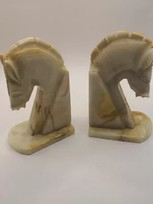 Vintage Pair Alabaster Stone Marble Horse Head Bookends Statues • $25.95