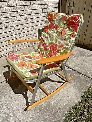 VTG Telescope Rocking Chair/Wood ArmsRockersSpring Seat Floral Cushions VGC! • $149