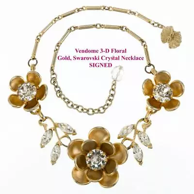 VENDOME Gold Necklace 3-D Floral Swarovski Crystal Rhinestone 50s SIGNED Vintage • $23.50